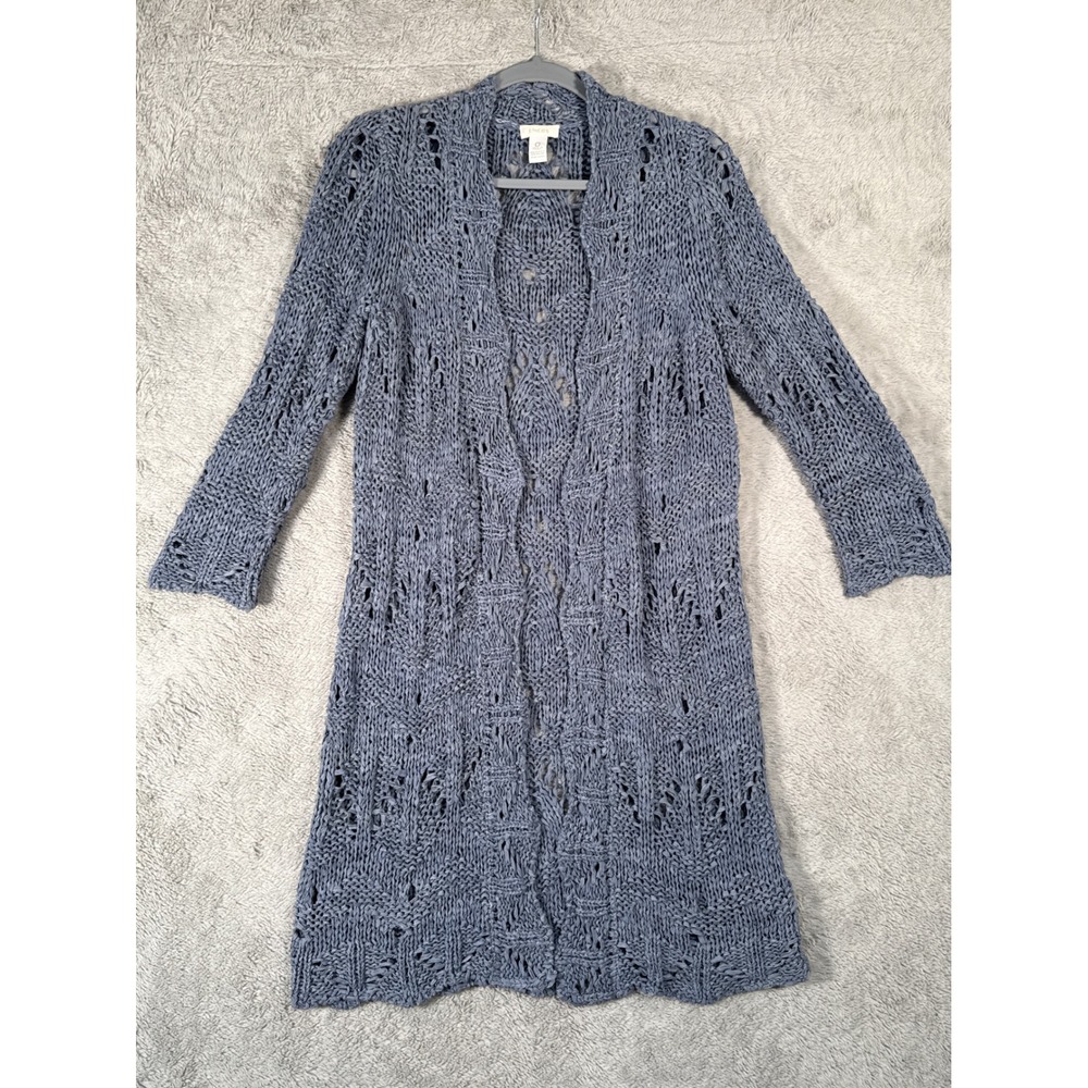 Chico's 0‎ Long Duster Cardigan Open Boho Crochet Blue/Gray LS Sweater Womens 4